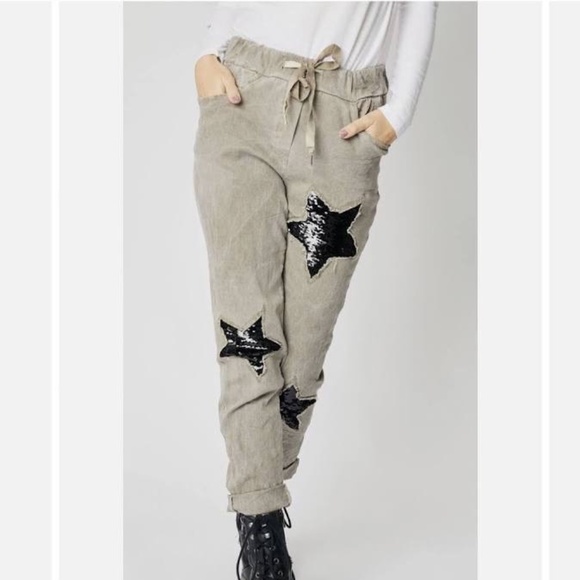 Venti6 Distressed Khaki Drawstring Waist Jogger Sequin Stars Pants Sz S - Picture 1 of 12